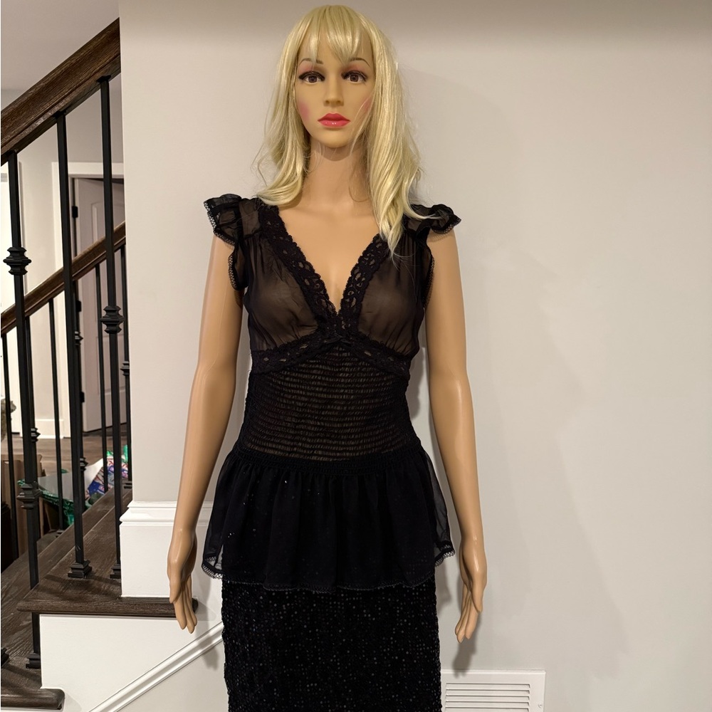 Betsey Johnson Chic Black Sheer with cap sleeve blouse